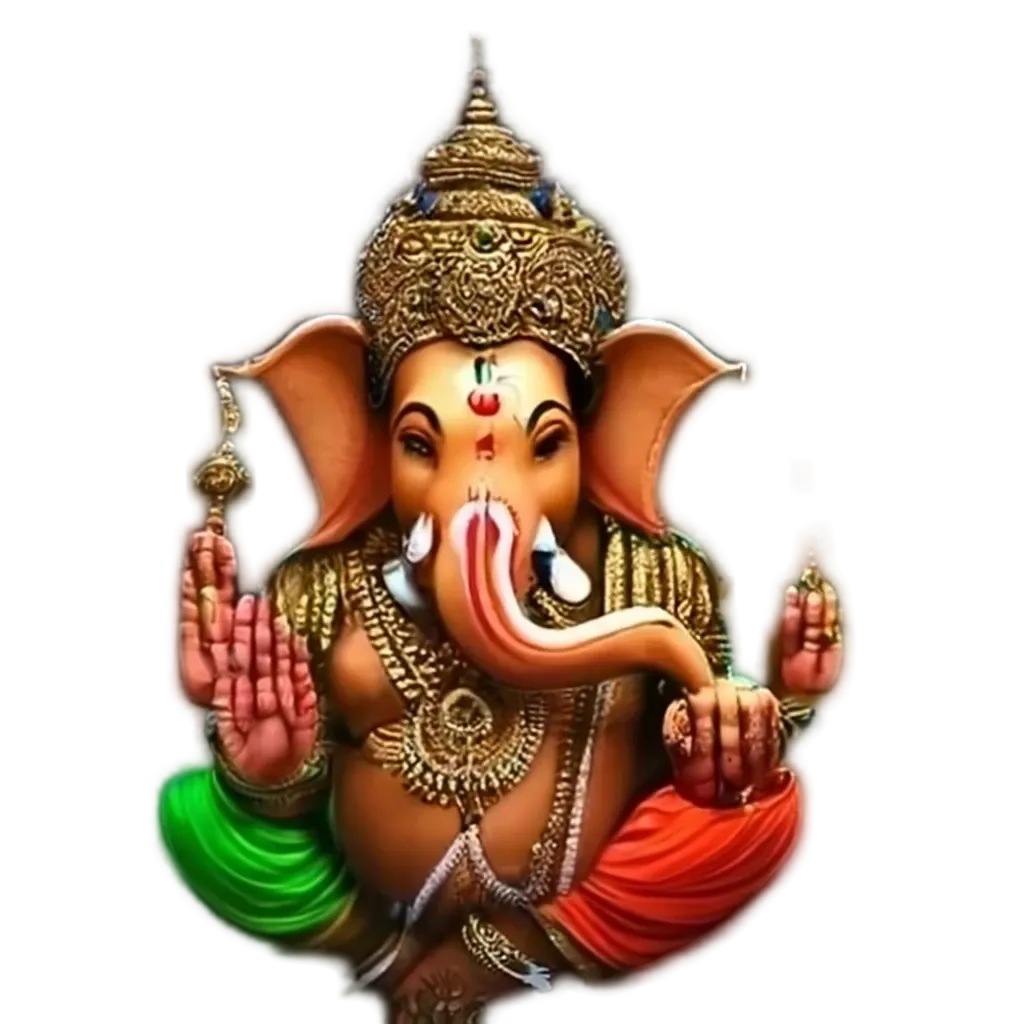 South Indian style Lord Ganesh decorated with flowers and eating modak
